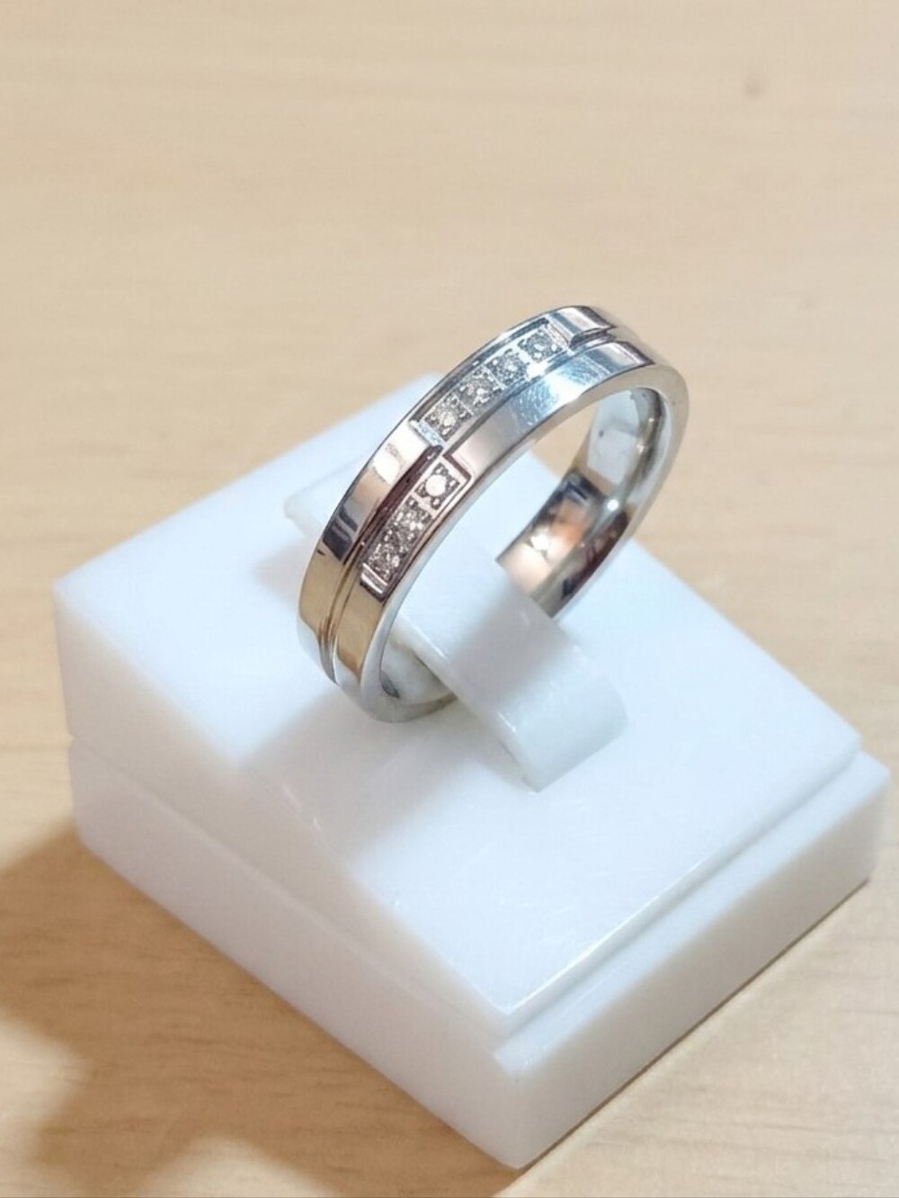 Stainless Steel  Duo Band Ring with Channel-Set Cubic Zirconia - Silver